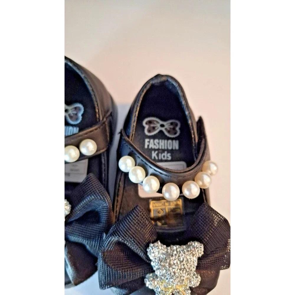 INFANT GIRLS BLACK PEARL BOW DRESS SHOES RHINESTONE BEAR SIZE 2/3  New
